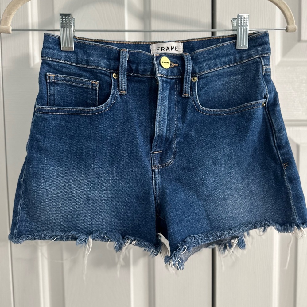 Frame Le Brigette Denim Blue Jean Shorts with Distressed Hem - 24